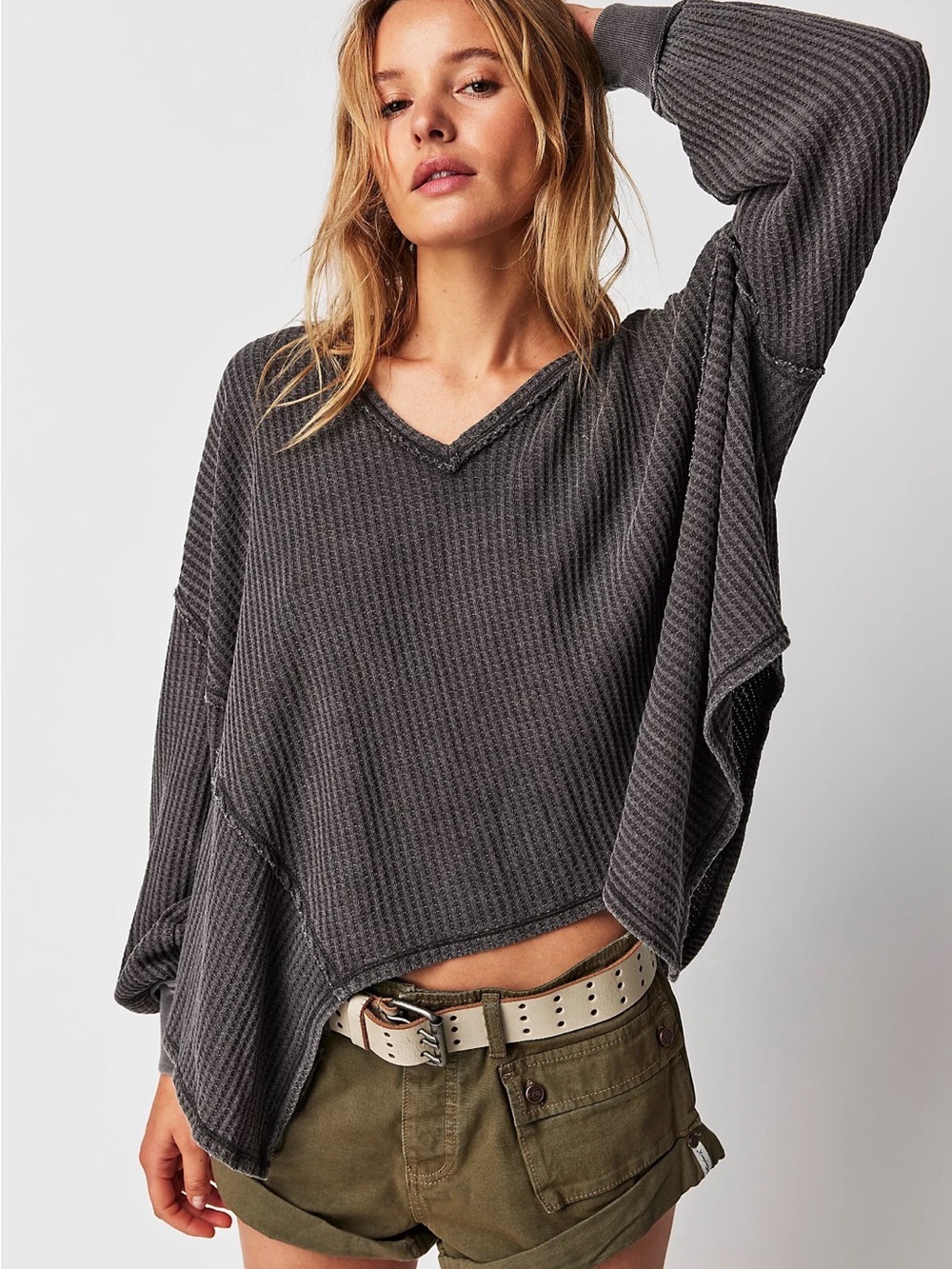 Free People Coraline Thermal Oversized V-Neck Waffle Knit Sweater Charcoal